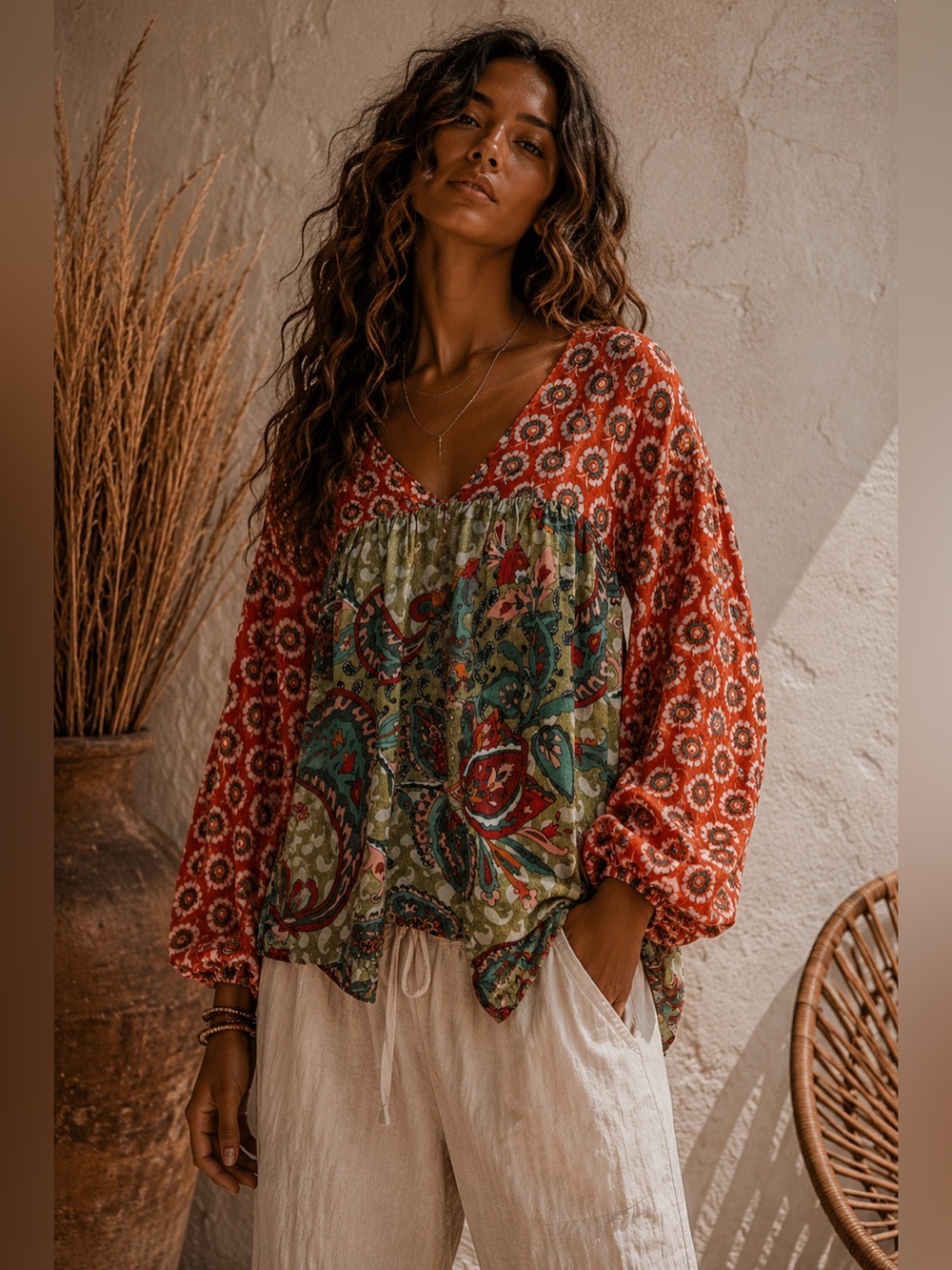 Bohemian Floral Patchwork V-Neck Top - Red & Green